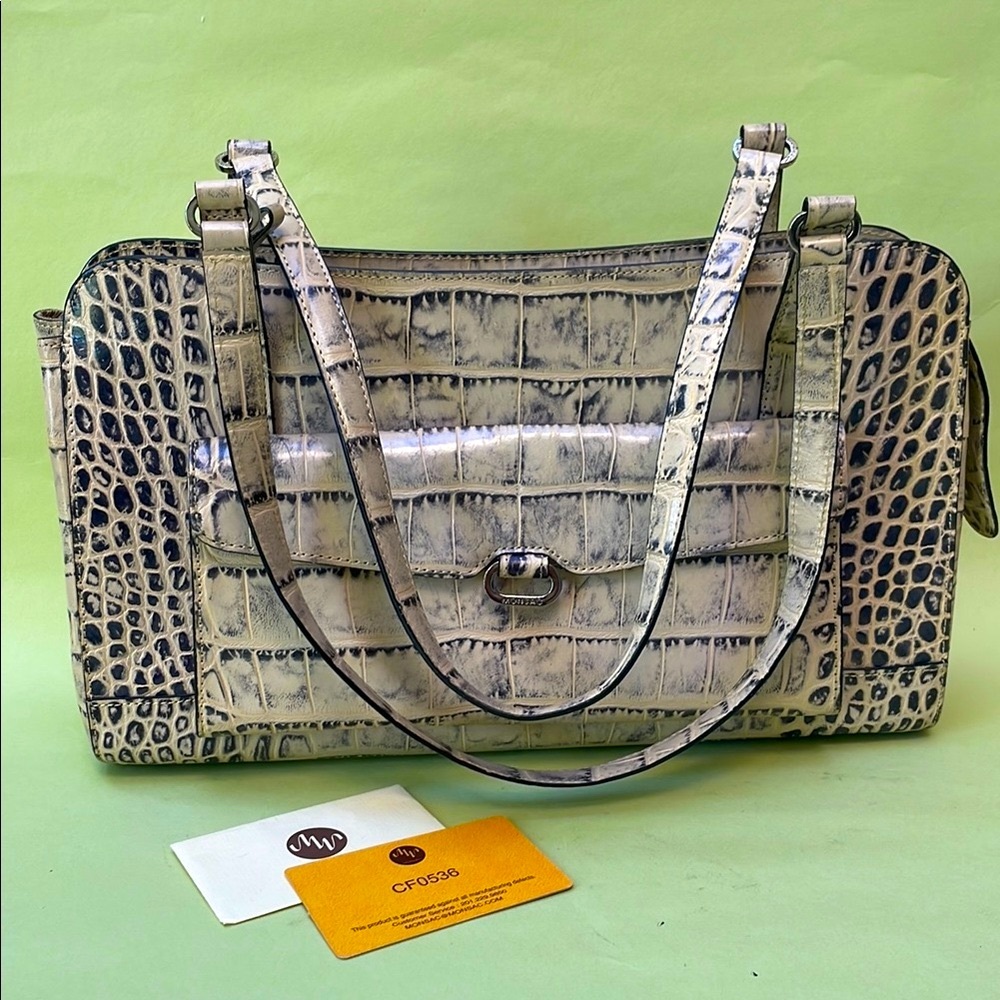 Vintage cream/navy blue Monsac Crocodile Embossed Leather Handbag